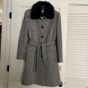 LOFT Black and White Herringbone Coat with Detachable Faux Fur Collar